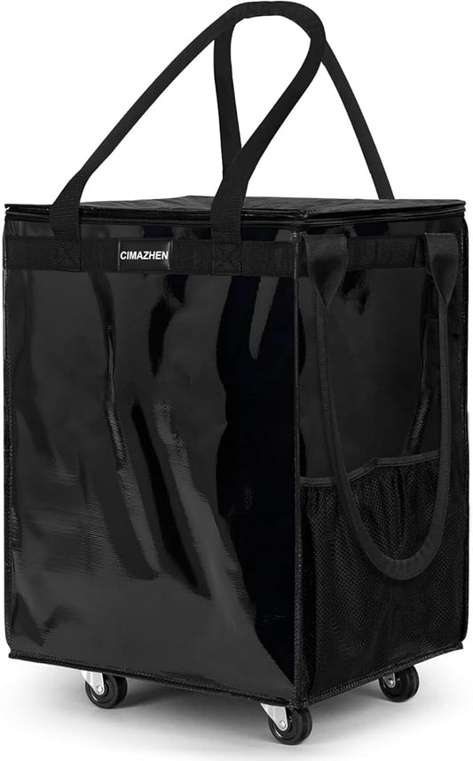 (Medium,Black) Reusable Grocery Bag on 4 Wheels, Foldable Rolling Tote Bag with 3 Handles and Zipper, Storage Organizer for Groceries, Rolling Shopping Cart for Travel, 76lb