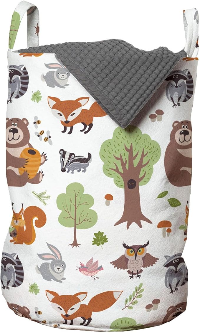 Ambesonne Forest Laundry Bag Pack of 2, Doodle Woodland Creatures as Honey Bear Rabbit Fox and Raccoon in Nature Habitat, Hamper Basket with Handles Drawstring Closure, 13" x 19", Brown Green
