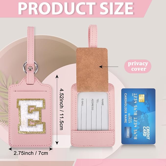 Personalized Initial Luggage Tags for Suitcases, Leather Chenille Letter Cute Luggage Tags with Privacy Name Card, Embroidered Travel Bag Backpack Tag Gifts for Women Kids Girls Teens(Pink-E) - Image 2
