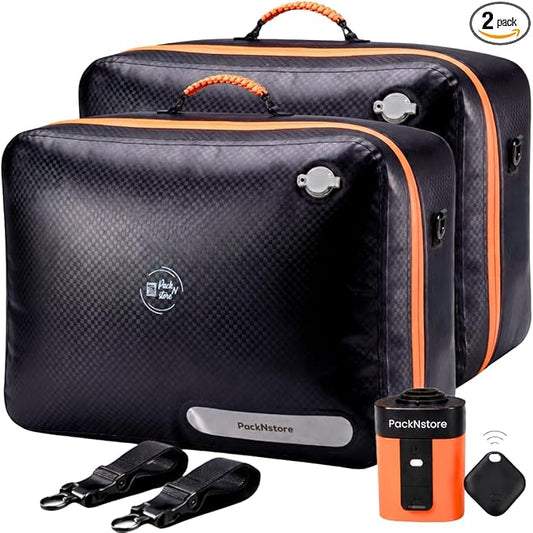 Premium Travel Vacuum Bags with Pump, 180° Open Carry on suitcase Compression Bags for Luggage, Reusable TPU Zipper Seal, Vacuum Bags for Travel with Pump, (2 Pack Compression Kit + Straps & Tracker)