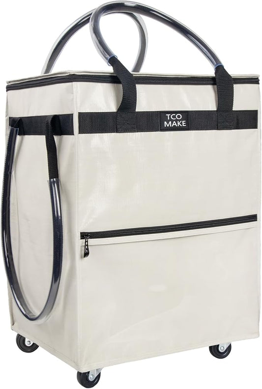 Reusable Grocery Bag on Wheels, (Medium, Beige) Rolling Shopping Bags with Wheels and Handle, Folding Rolling Tote Trolley, 3 Pockets and Zipper Cover, Carries Up to 46 LBS