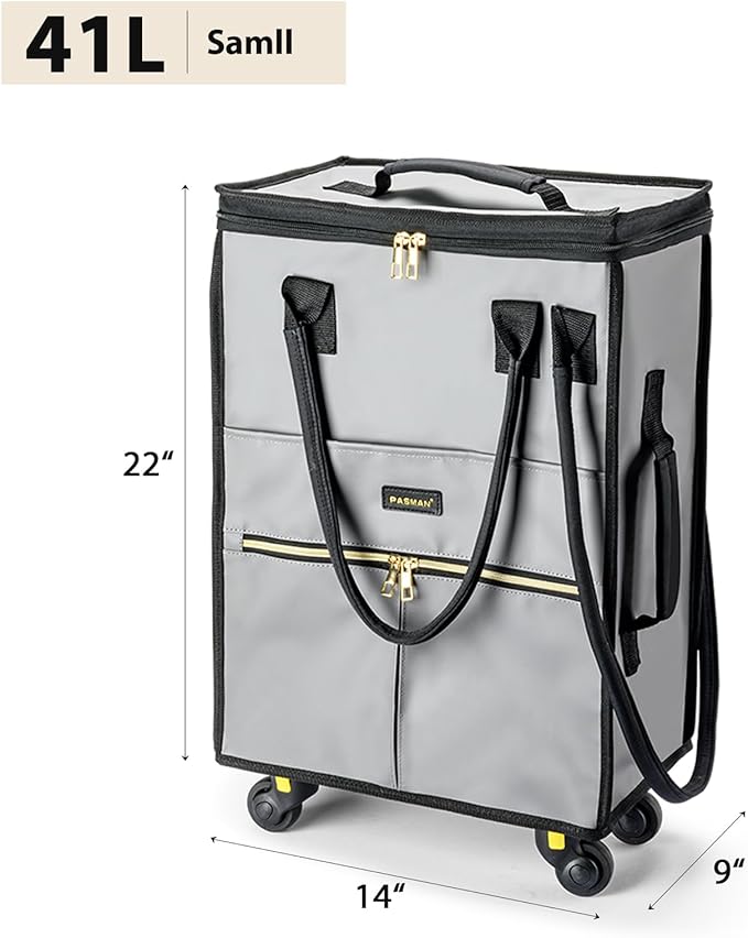 Reusable Grocery Bag on Wheels, Foldable Rolling Duffle Bag, Carry on Luggage Bag with Handle and Zipper Cover for Travel, Lightweight Rolling Tote Shopping Carts (Matte-Black, Small_41L)