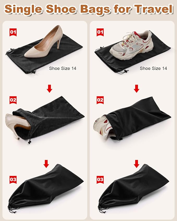 2 Pcs Single Shoe Bags for Travel, 17.3"x8.6" Washable Travel Shoe Bags for Packing in Suitcase, Velvet Dust Bag with Drawstring, Shoe Pouch for Women and Men, Travel and Home Storage (Black Beauty)