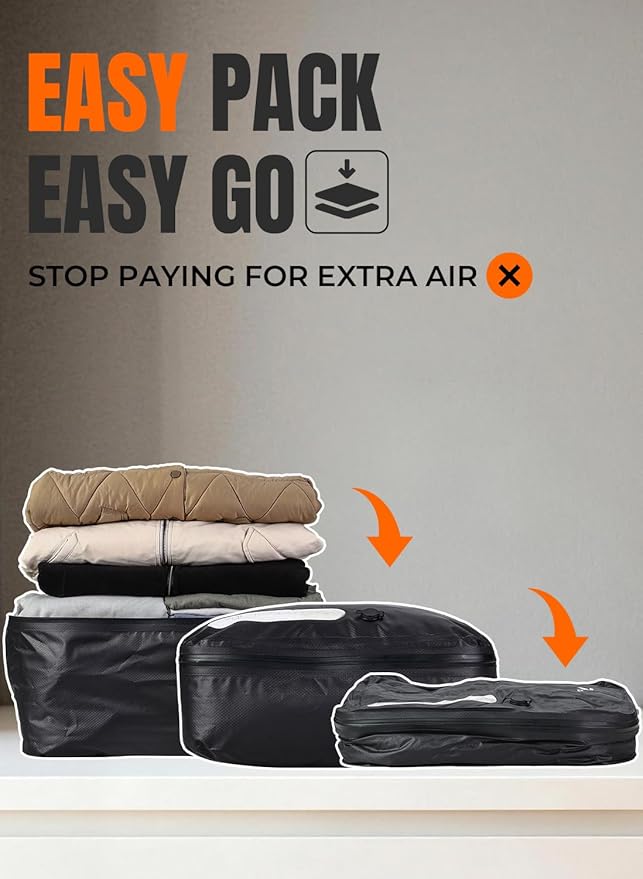 Vacuum Bags for Travel with Wireless Pump, 180° Open Zipper, IP67 Waterproof, Reusable Space Saver Compression Bags for Home Storage, Backpack, Suitcase(3 Pack + Pump)