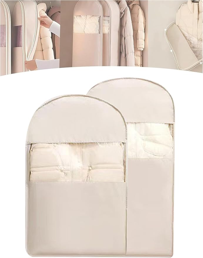 Space Saving Hanging Garment Bag with Self Compression Zipper with Large Clear Window Oat Beige Closet Organizer Otherwise Space-saving Compression Garment Bag (M+L-2pcs)