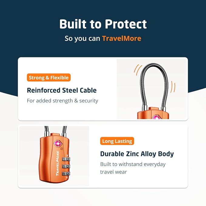 TravelMore TSA Approved Luggage Locks, Travel Combination Cable Locks - Image 4