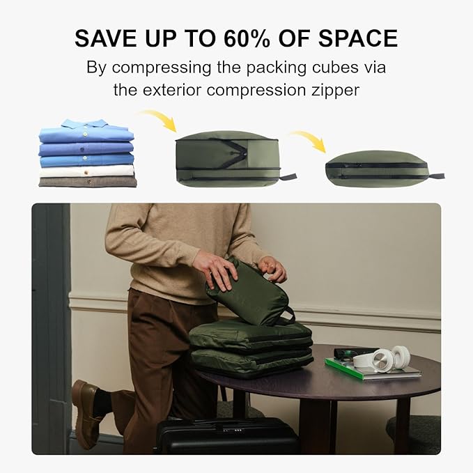 LEVEL8 Compression Packing Cubes for Suitcase, 6 Set Travel Bags with Shoe Organizer, Packing Organizers Travels Accessories in 4 Sizes (Extra Large, Large, Medium, Small), Green