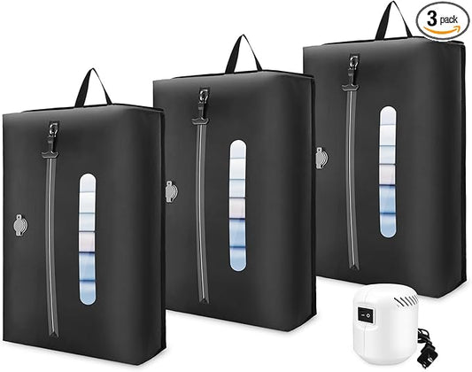 3PCS Vacuum Bags for Travel With Pump, 21L Reusable Vacuum Compression Bags with Waterproof Zipper, IP68 Waterproof Airless Travel Bags Save Space for Storage, Luggage, Backpack & Suitcase, Black