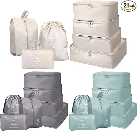 Chumia 21 Set Packing Cubes Back to School Travel Clothes Luggage Suitcases Organizer Trip College Dorm Toiletry Shoes Bag(Beige, Gray, Lake Blue)