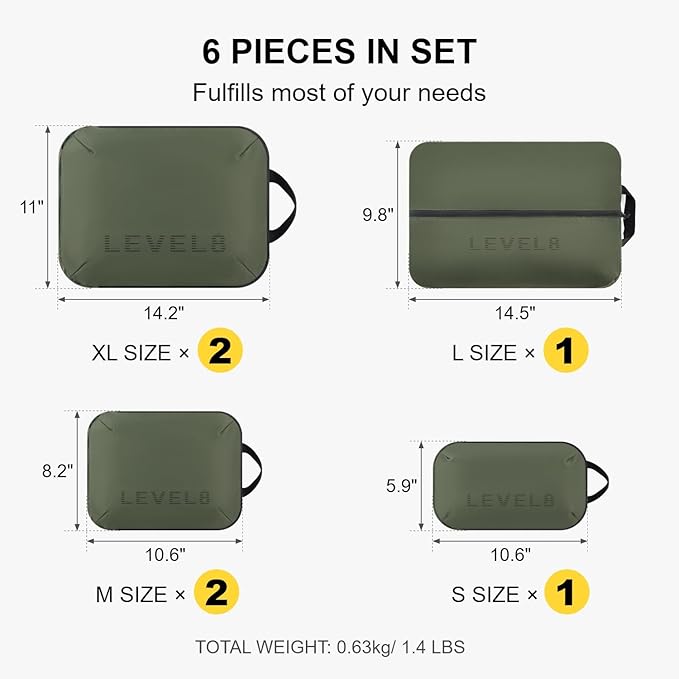 LEVEL8 Compression Packing Cubes for Suitcase, 6 Set Travel Bags with Shoe Organizer, Packing Organizers Travels Accessories in 4 Sizes (Extra Large, Large, Medium, Small), Green