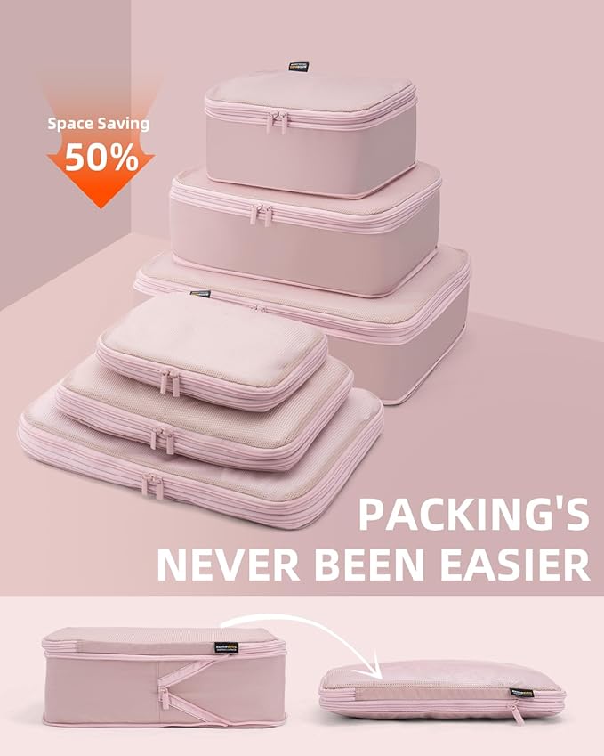 Compression Packing Cubes for Travel, 6-Piece Set (Large/Medium/Small), Double-Zip Luggage Organizers for Suitcase & Carry-On, Clothes Storage Bags (Dusty Pink, 6 Pack)