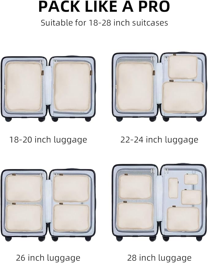 Compression Packing Cubes for Travel, 6-Piece Set (Large/Medium/Small), Double-Zip Luggage Organizers for Suitcase & Carry-On, Clothes Storage Bags (Cream White, 6 Pack)