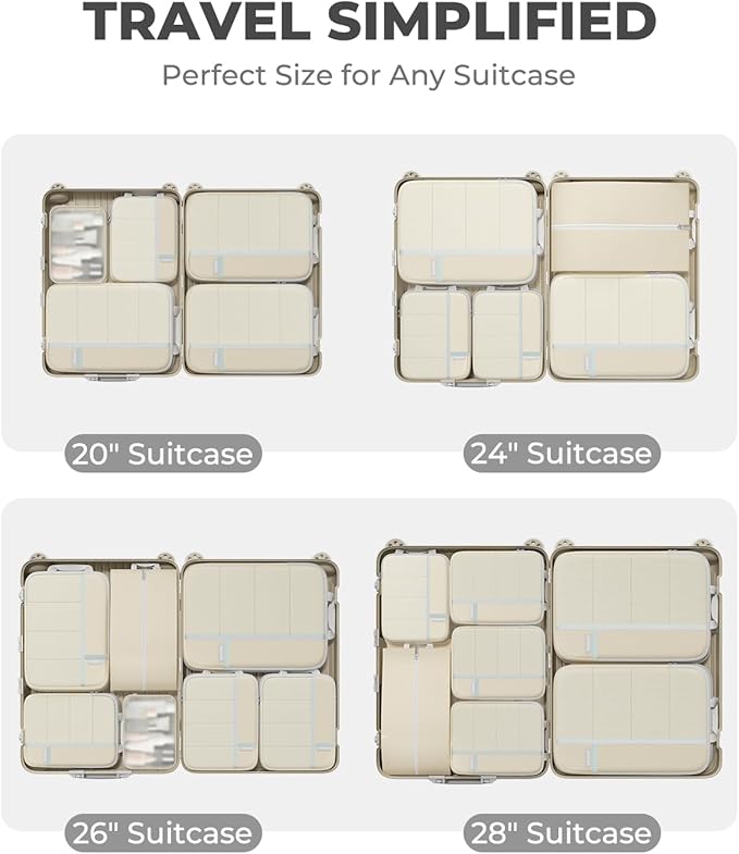 Percover Compression Packing Cubes for Travel, 8-Piece Structured Compression Organizer Set with Laundry Bag & Shoe Bag for Carry-On & Checked Luggage, Beige