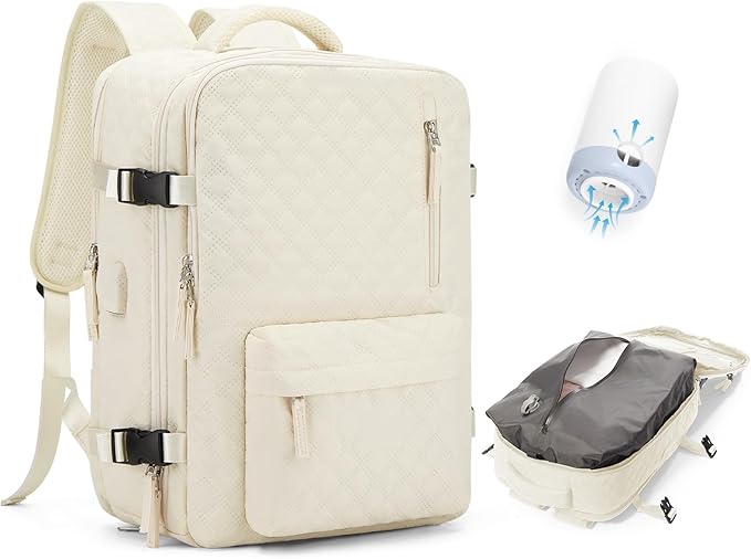 WONHOX Travel Vacuum Storage Backpack with Air Pump Vacuum Seal Compression Space Saver Bags Clothing Vacpack 18x14x8 inches Travel Bag Carry on Personal item Laptop Work Backpacks Women Men Beige