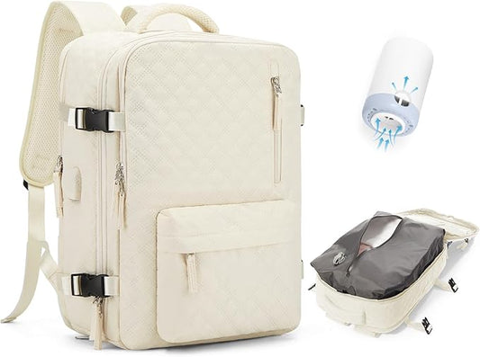 WONHOX Travel Vacuum Storage Backpack with Air Pump Vacuum Seal Compression Space Saver Bags Clothing Vacpack 18x14x8 inches Travel Bag Carry on Personal item Laptop Work Backpacks Women Men Beige