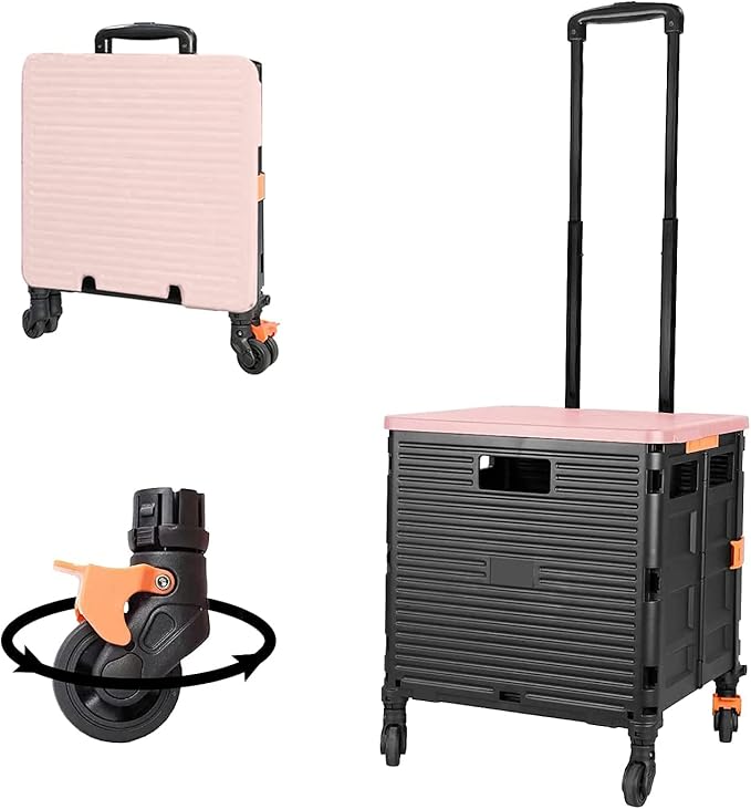 FELICON SELORSS Foldable Utility Cart Folding Portable Rolling Crate Handcart with Heavy Duty Telescoping Handle Collapsible 4 Rotate Wheels for Travel Shopping Move Luggage Office Use(Black+Pink)