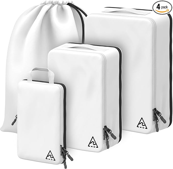 Well Traveled 4 pcs Compression Packing Bags Cubes Set with HybridMax Double-Capacity Design - Packing Cubes for Travel Compression to Maximize Limited Luggage Space, White