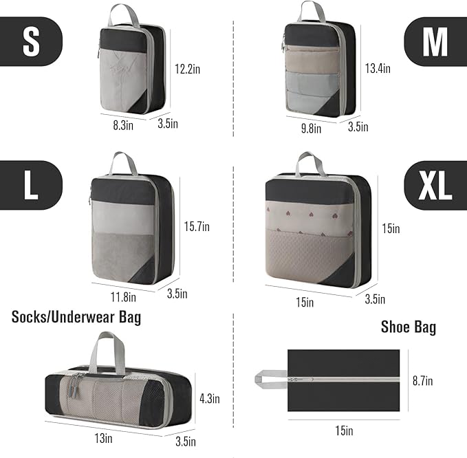WOOMADA Compression Packing Cubes for Suitcases Travel Essentials 6 Set Rectangle Mesh Expandable Travel Bags Organizer for Luggage