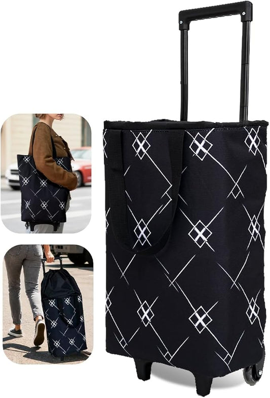 Foldable Rolling Bag, Portable Small Shopping Cart with Wheels, Collapsible Shopping Tote with Stylish Pattern for Market & Grocery Runs–Gift for Women & Seniors, Expandable L, Black