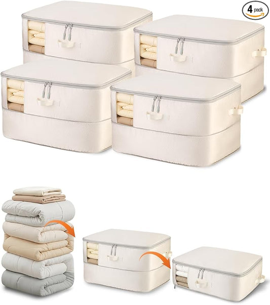 Comforter Storage Bag - 2-Layer 4-Pack Self Compression Organizer, Closet Organizers and Storage, Under Bed Space Saver, Blanket Organizer for Bedding, Pillow, Sheet, Clothes, Nursery Use