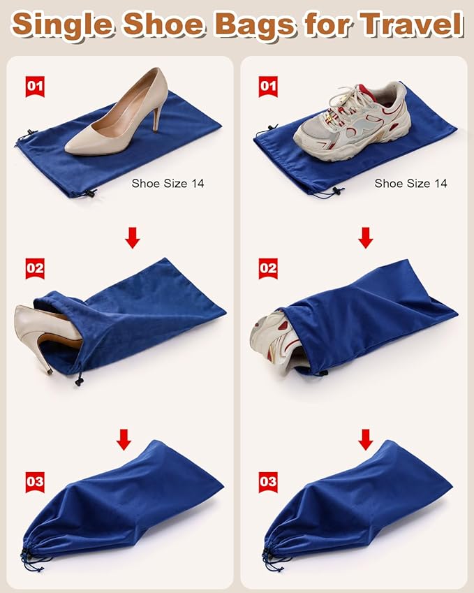 6 Pcs Single Shoe Bags for Travel, 17.3"x8.6" Washable Travel Shoe Bags for Packing in Suitcase, Velvet Dust Bag with Drawstring, Shoe Pouch for Women and Men, Travel and Home Storage(Palace Blue)