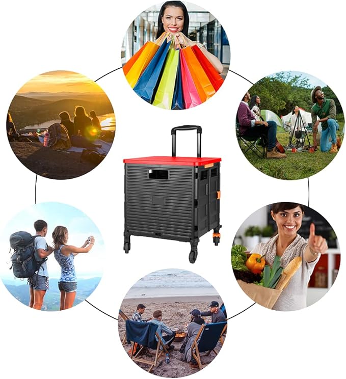 FELICON SELORSS Foldable Utility Cart Folding Portable Rolling Crate Handcart with Heavy Duty Telescoping Handle Collapsible 4 Rotate Wheels for Travel Shopping Move Luggage Office Use(Black+Red)