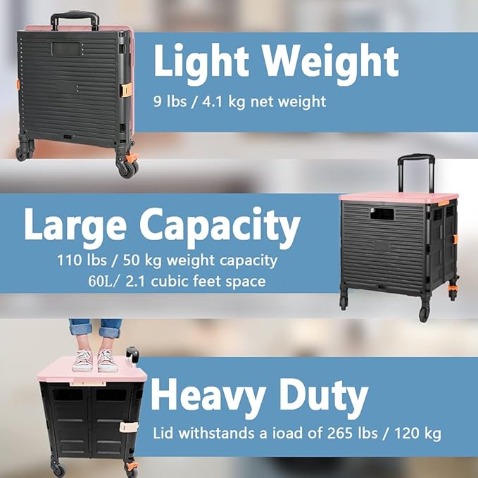 FELICON SELORSS Foldable Utility Cart Folding Portable Rolling Crate Handcart with Heavy Duty Telescoping Handle Collapsible 4 Rotate Wheels for Travel Shopping Move Luggage Office Use(Black+Pink)