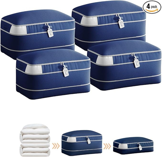 Homsorout Compression Storage Bags for Comforters - 4 Pack Long Large 100L Compression Bags, 3-Layer Washable Ultra Space Saving Self Comforter Storage Bag for Blankets, Sheets, Clothes, Navy Blue