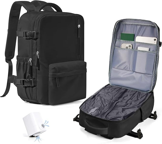 WONHOX Vacuum Seal Backpack for Travel with Air Pump Compression Daypack Personal Item Carry on Flight Approved Vacpack Laptop Space Saver Bags Storage with Vacuum System Travel Bag Women Men Black