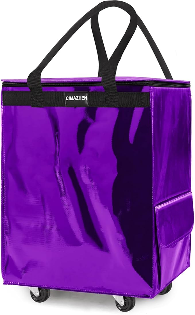 (Medium,Purple) Reusable Grocery Bag on 4 Wheels, Foldable Rolling Tote Bag with 3 Handles and Zipper, Storage Organizer for Groceries, Rolling Shopping Cart for Travel, 76lb