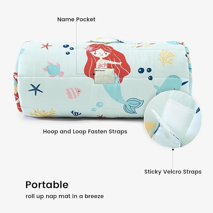 PHF Cute Mermaid Toddler Nap Mat Set, with Removable Pillow for Toddler Girls, Soft and Lightweight for Daycare, Preschool, Travel, Kindergarten Sleeping Bag, Fits Ages 3-6 Years, Cute Mermaid