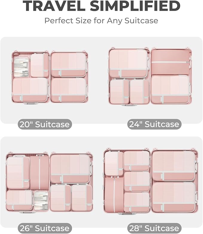 Percover Compression Packing Cubes for Travel, 10-Piece Structured Compression Organizer Set with Toiletry Bag, Laundry Bag & Shoe Bag for Carry-On & Checked Luggage, Pink
