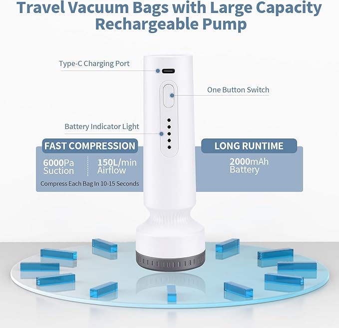 Travel Vacuum Seal Bags for Clothing,Vacuum Storage Bags with Rechargeable Pump,18 Pack Space Saver Compression for Clothes,Blankets,Bedding,Suitcase Luggage Seasonal Storage