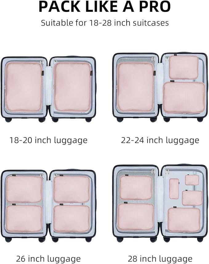 Compression Packing Cubes for Travel, 6-Piece Set (Large/Medium/Small), Double-Zip Luggage Organizers for Suitcase & Carry-On, Clothes Storage Bags (Dusty Pink, 6 Pack)