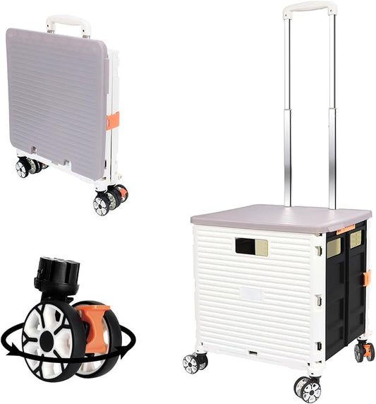 FELICON SELORSS Foldable Utility Cart Folding Portable Rolling Crate Handcart with Durable Heavy Duty Plastic Telescoping Handle Collapsible 4 Rotate Wheels for Travel Shop Move Luggage Office(White)