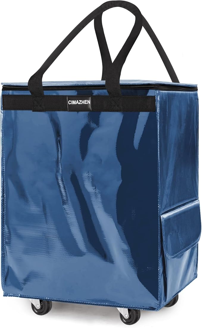 (Medium,Navy Blue) Reusable Grocery Bag on 4 Wheels, Foldable Rolling Tote Bag with 3 Handles and Zipper, Storage Organizer for Groceries, Rolling Shopping Cart for Travel, 76lb