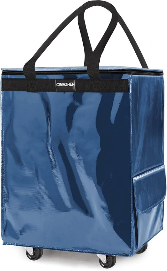 (Medium,Navy Blue) Reusable Grocery Bag on 4 Wheels, Foldable Rolling Tote Bag with 3 Handles and Zipper, Storage Organizer for Groceries, Rolling Shopping Cart for Travel, 76lb