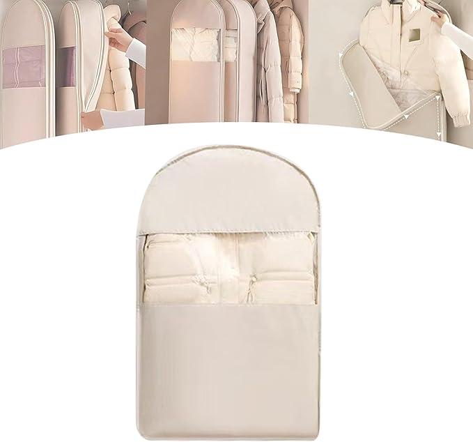 Space Saving Hanging Garment Bag with Self Compression Zipper with Large Clear Window Oat Beige Closet Organizer Otherwise Space-saving Compression Garment Bag(M)