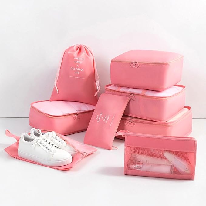 8 Set Packing Cubes for Suitcases, INVODA Travel Luggage Packing Organizers with Laundry Bag, Compression Storage Shoe Bag, Clothing Underwear Bag (Pink)