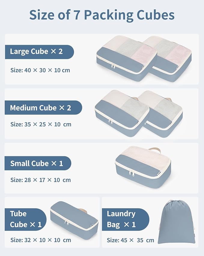 Narwey 7 Set Packing Cubes for Travel Carry on Suitcase Luggage Organizer Bags for Kids Women Men, Durable Packing Organizers Bag, Travel Essentials Accessories (Grayish Blue)