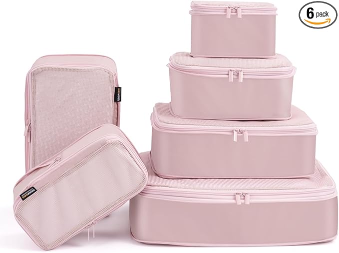 Compression Packing Cubes for Travel, 6-Piece Set (Large/Medium/Small), Double-Zip Luggage Organizers for Suitcase & Carry-On, Clothes Storage Bags (Dusty Pink, 6 Pack)