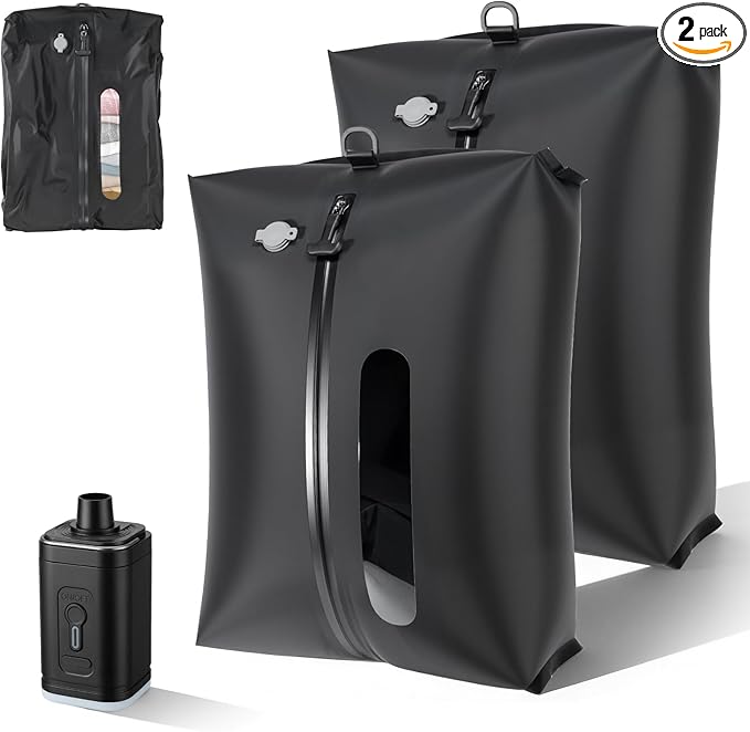 KXB Vacuum Seal Bags for Travel Luggage with Wireless Pump, 29L Compression Bags for Carry-On Suitcase & Travel Backpack, Reusable IP67 Waterproof Vacuum Storage Kit(2PC + PUMP)