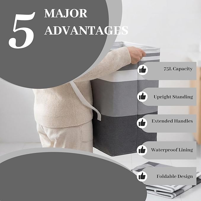 6 Pack Large Laundry Hamper Collapsible Clothes Basket Storage Bin,Waterproof Fabric Long Handles Folding College Dorm Essentials Bedroom Home Organization Dirty Washing（Grey,75L×6）