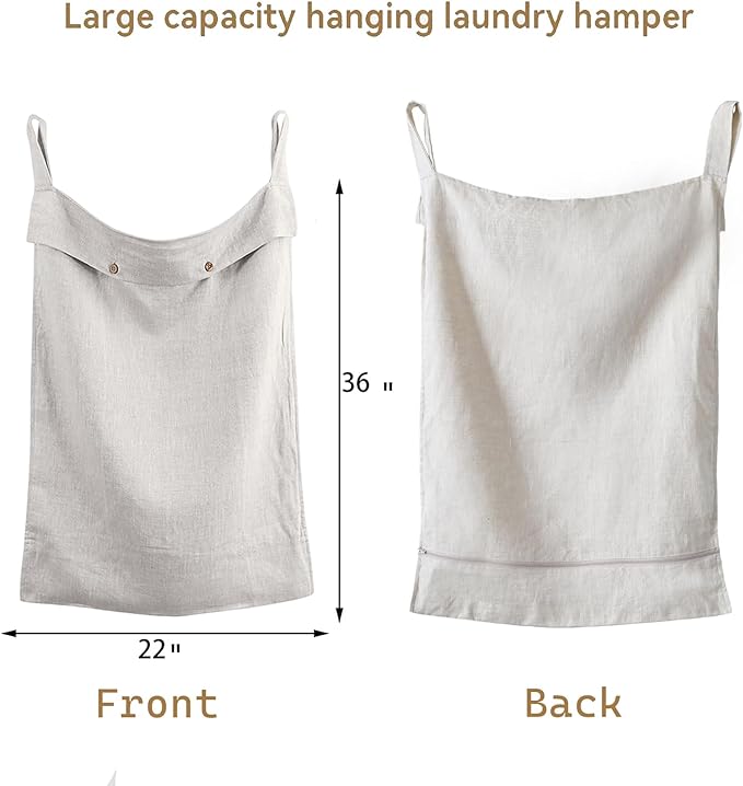100% Linen Hanging Laundry Hamper Bag 22x36 Inch, Over the Door with 2 Buttons and Bottom Zipper Saving Space Wall Back organizers For Dirty Clothes Dorm Travel College Camp Sock big Capacity