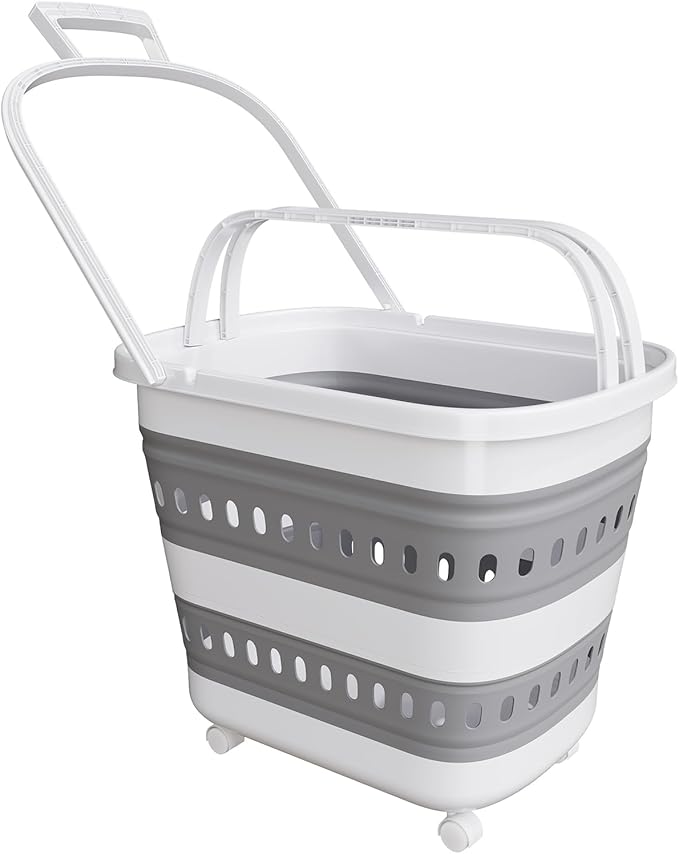 Collapsible Plastic Laundry Basket Hamper with Wheels, 45L Portable Rubber Clothes Basket, Pop Up Storage Container/Organizer with Hanging basket for Washing & Storage, Grey