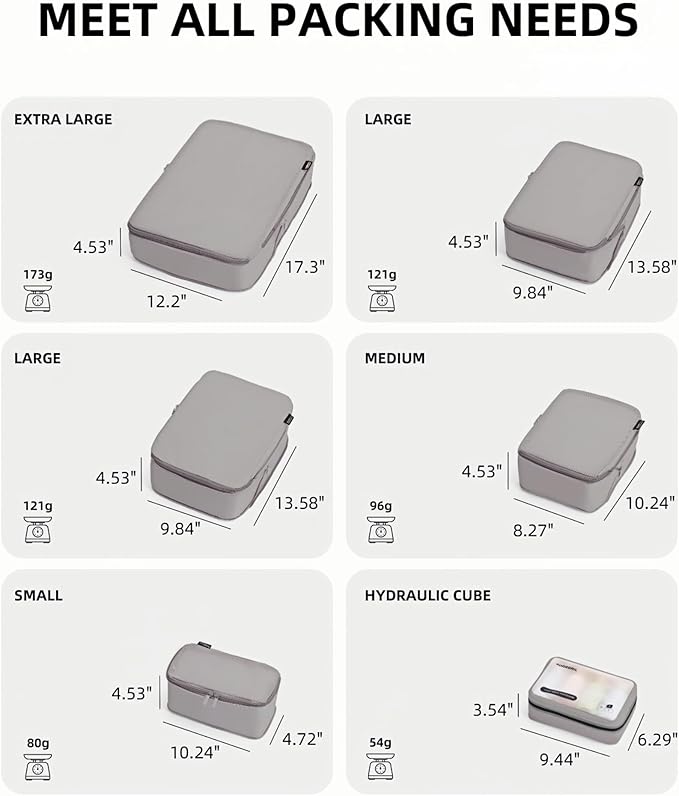 6 Set Compression Packing Cubes for 7–14 Day Travel, Durable Nylon Oxford Luggage Organizers with IP6X Waterproof Toiletry Bag, Expandable Suitcase Packing System (Misty Silver)