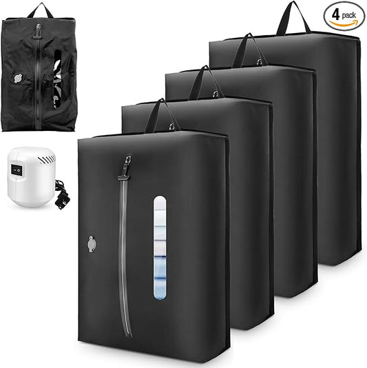 4PCS Vacuum Bags for Travel with Pump, 21L Reusable Compression Bags with IP68 Waterproof Zipper, Space Saving Airless Travel Bags for Family Luggage & Home Storage, Black