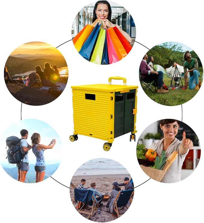 FELICON SELORSS Foldable Utility Cart Folding Portable Rolling Crate Handcart with Durable Heavy Duty Plastic Telescoping Handle Collapsible 4 Rotate Wheels for Travel Shop Move Luggage Office(Yellow)