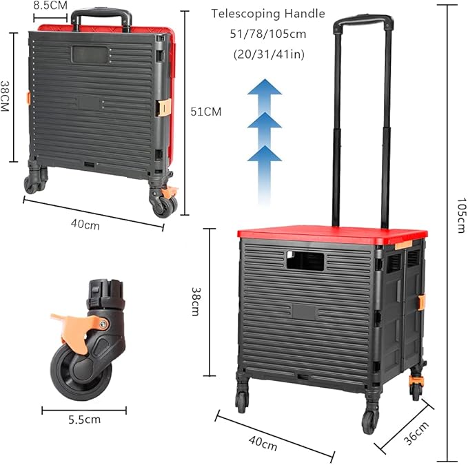 FELICON SELORSS Foldable Utility Cart Folding Portable Rolling Crate Handcart with Heavy Duty Telescoping Handle Collapsible 4 Rotate Wheels for Travel Shopping Move Luggage Office Use(Black+Red)
