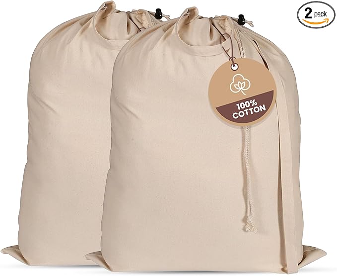 LFH Home Large Premium 100% Cotton Canvas Laundry Bag with Drawstring and Handles Heavy Duty, Multi-Use, and Washable for Home, Travel, College or Storage 20x30 (Pack of 2)-Natural